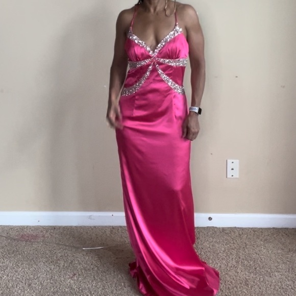 Cache Hot Pink and Silver Beaded Sequin Sexy Low Back Prom Evening Gown - Picture 4 of 15